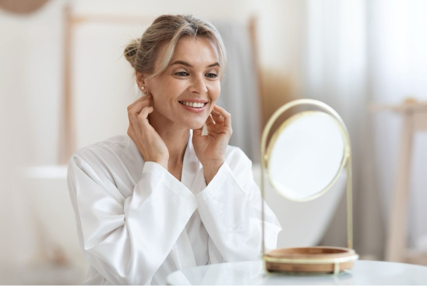woman looking at herself in a mirror